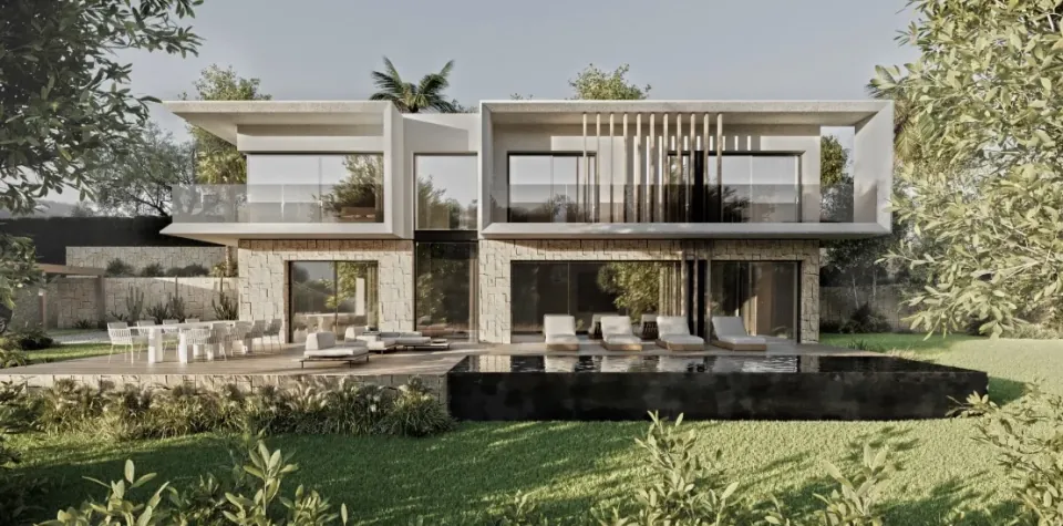 3D rendering of a two-storey contemporary villa, with a stone façade and large glazed openings, a dark infinity pool and lawn