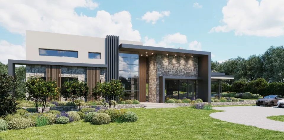 3D rendering of a contemporary villa in stone, pale render and timber cladding, surrounded by lawn and citrus trees, with a gravel drive