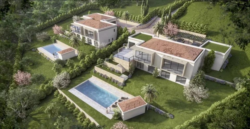 Aerial 3D rendering of two contemporary villas with tiled roofs, each with a pool and pool house, set on stone terraces in a wooded garden