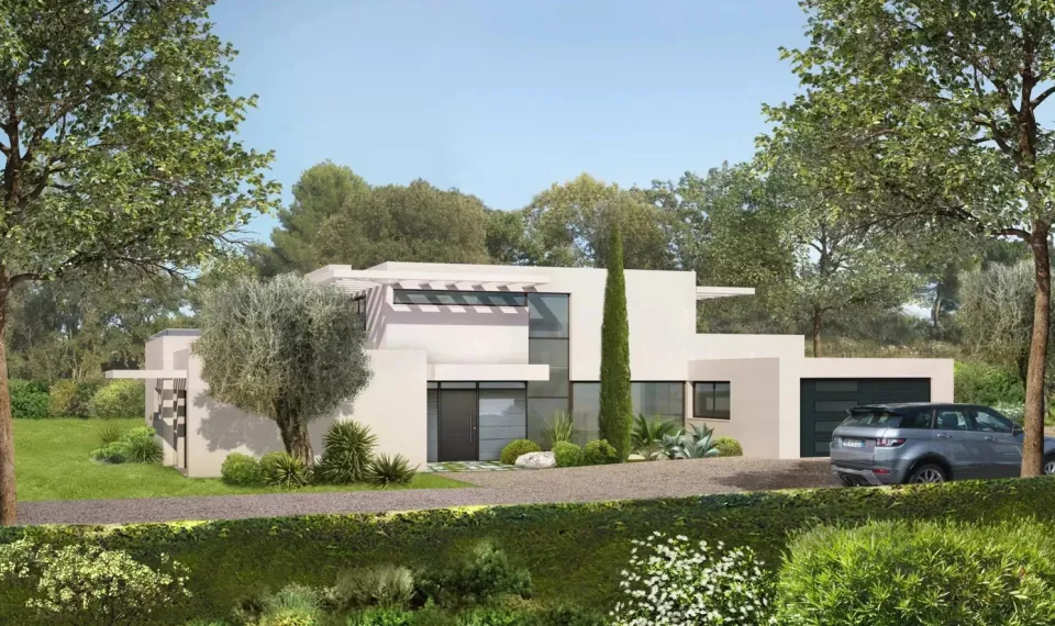 3D rendering of a white flat-roofed contemporary villa with an olive tree, cypresses and a double garage, a car parked in front