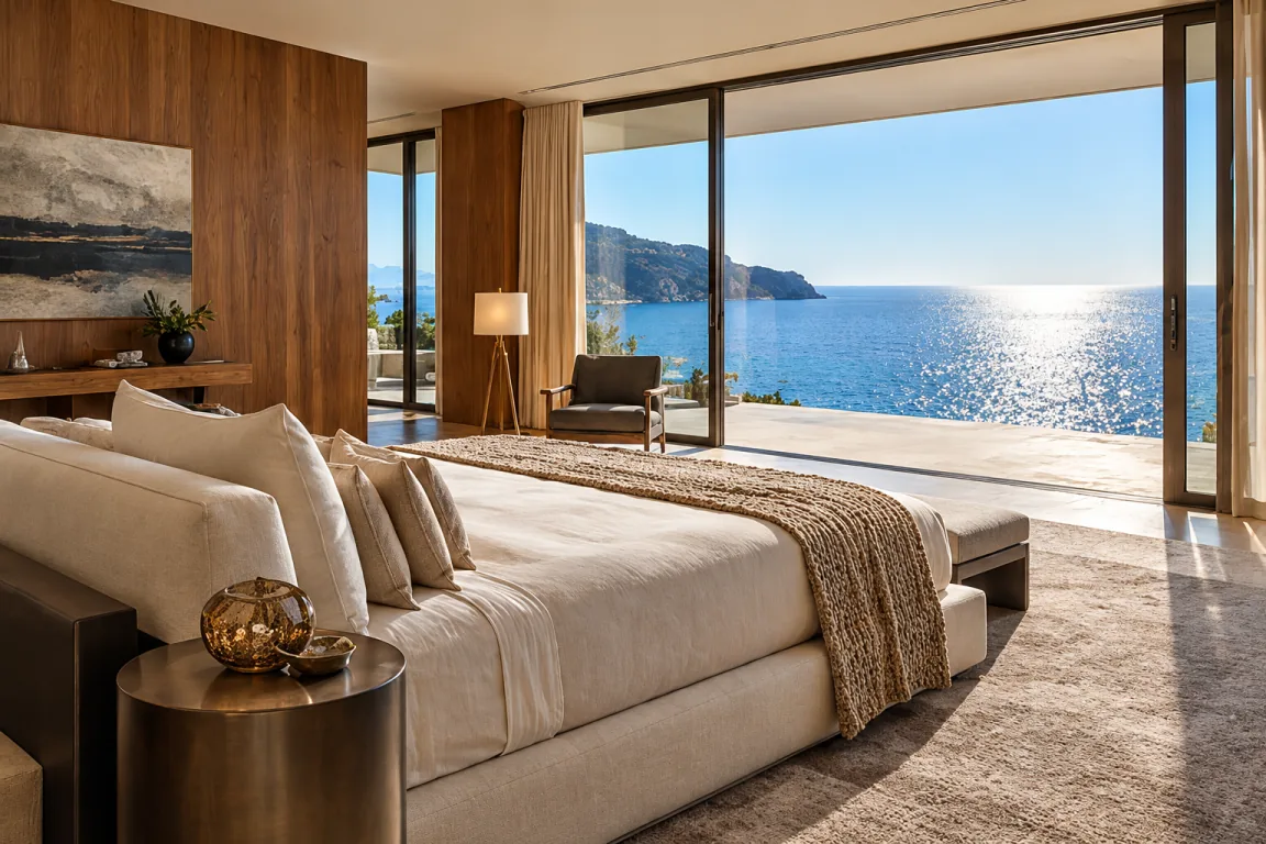 Chambre ouverte par de grandes baies coulissantes sur une terrasse et la mer, au soleil du matin