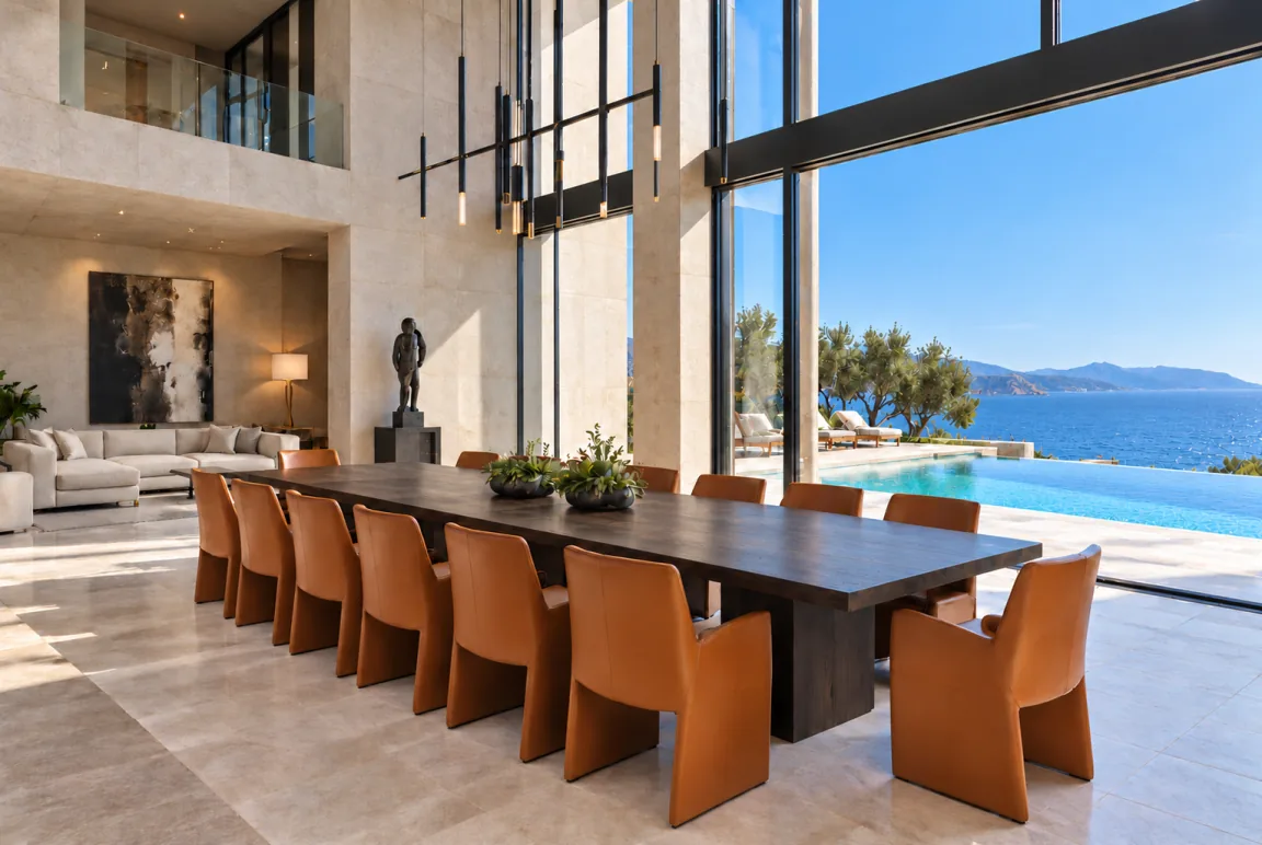 Salle à manger en double hauteur, longue table entourée de chaises en cuir, baies ouvertes sur la piscine à débordement et la mer