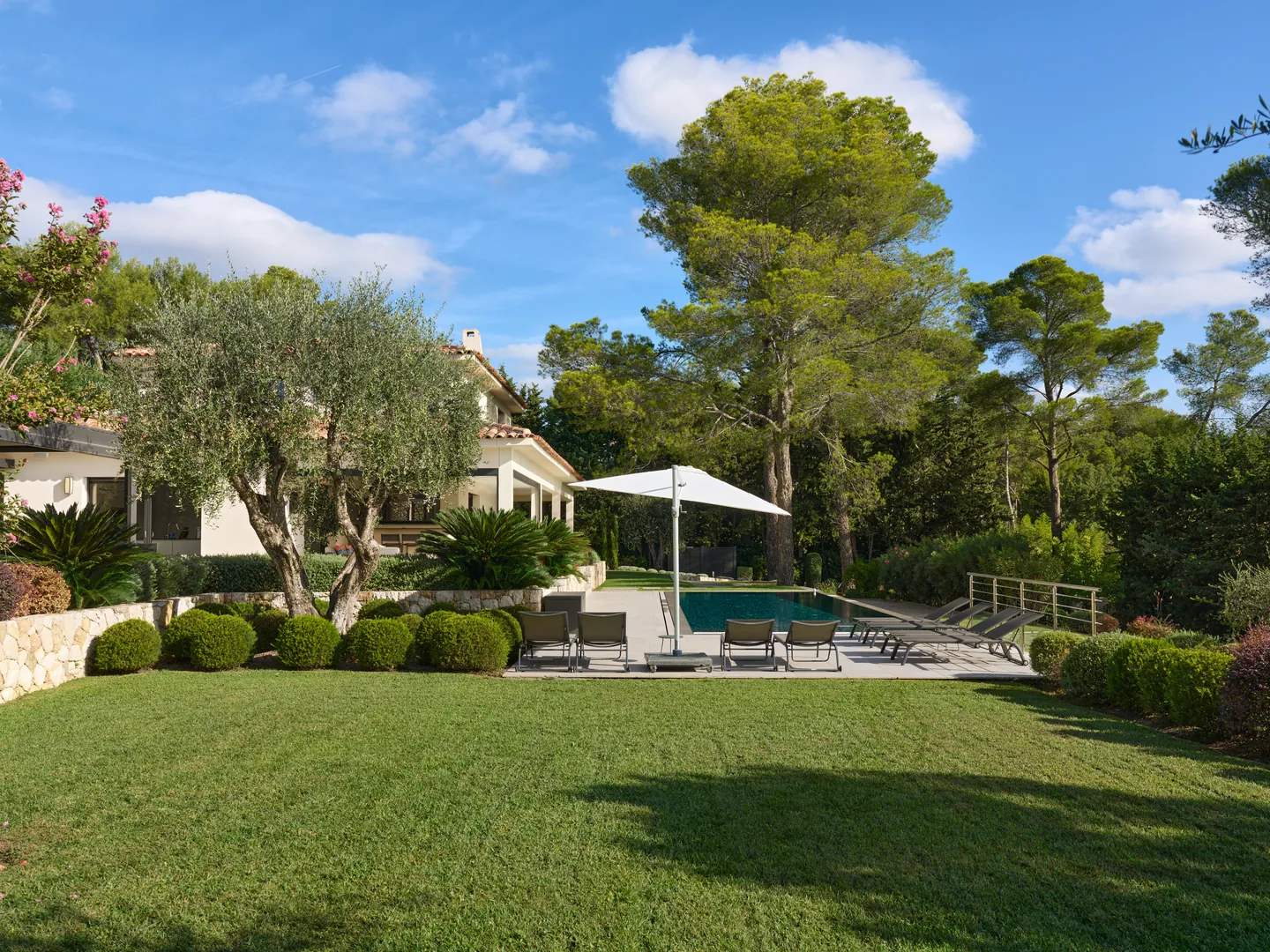 Pelouse, plage de piscine avec transats et parasol, villa entre les oliviers