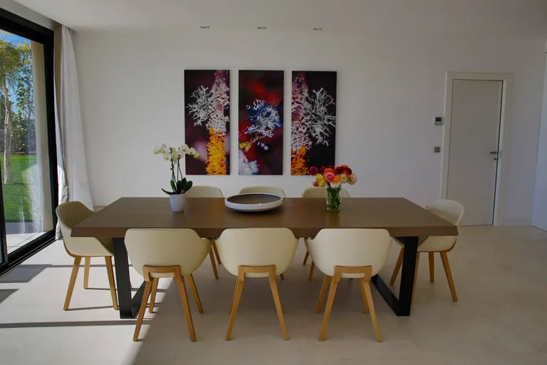 Table à manger et triptyque photographique au mur