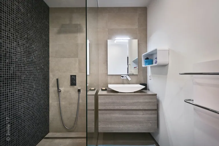 Shower room with walk-in shower and black mosaic wall