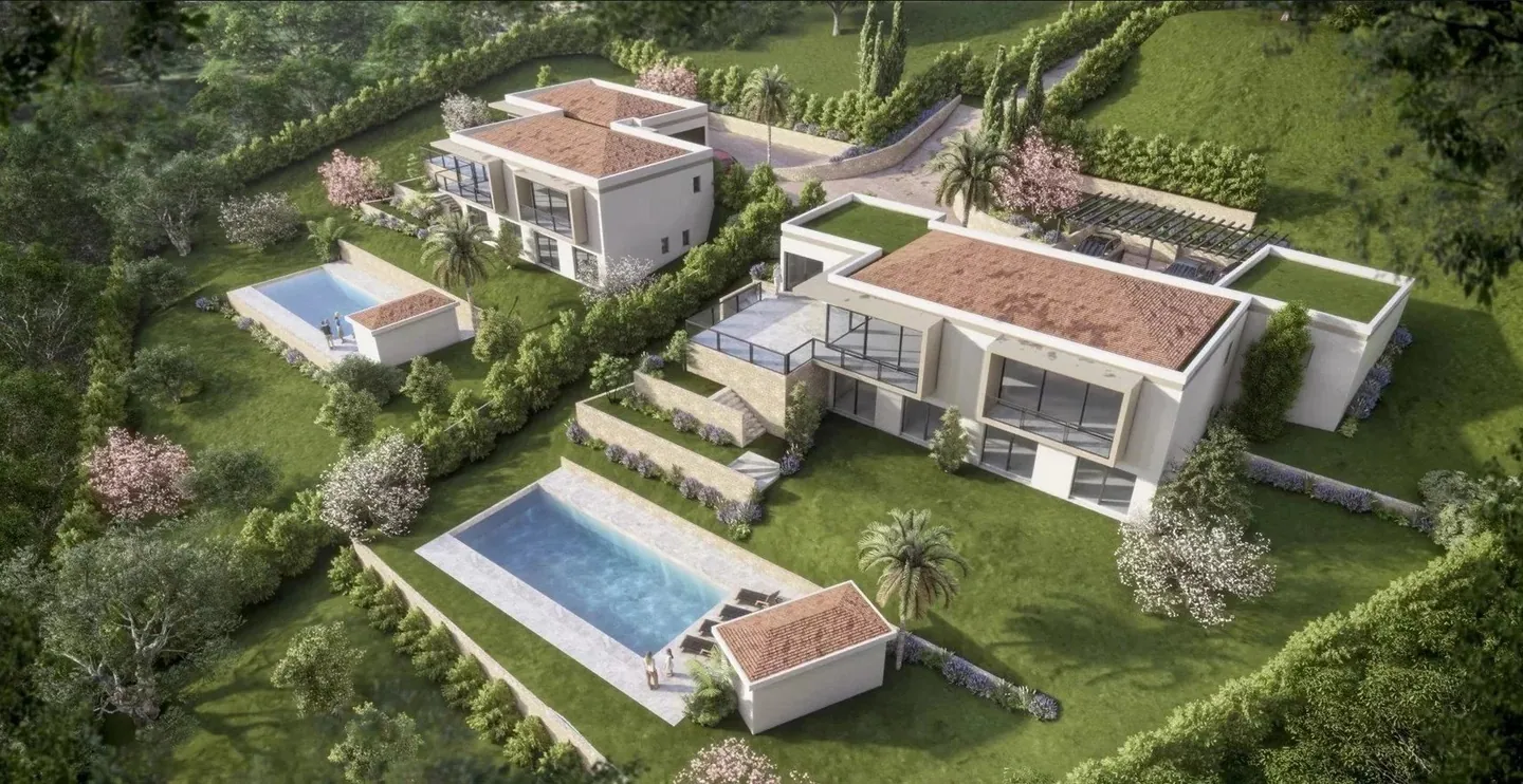 Building plot of 4,477 m² in Mougins: aerial rendering of two villas